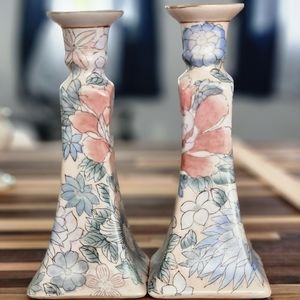 Pair of Chinoiserie Porcelain Floral Candlesticks